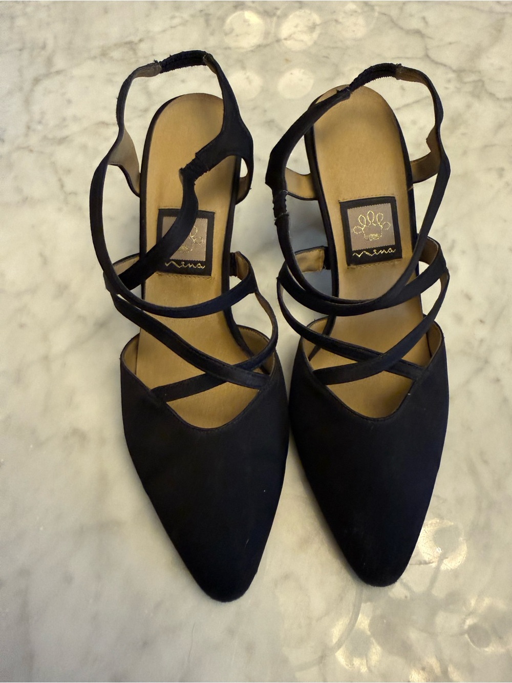 Nina Black Pointed-Toe Strappy Slingback Heels